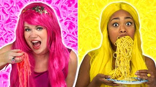 THE SUPER POPS EAT ONLY ONE COLOR FOOD CHALLENGE EATING PINK VS YELLOW FOOD FOR 24 HOURS Totally TV [upl. by Akinal884]