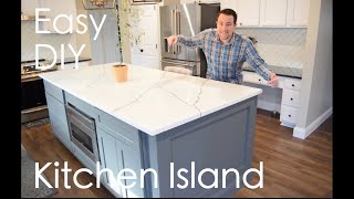 Easy DIY Kitchen Island with seating storage microwave under cabinet marble quartz countertop [upl. by Maccarthy251]