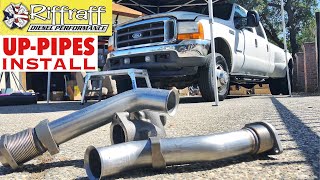 2001 F350 73  RiffRaff UpPipes Install  Stock up pipes leaking and falling apart JUNK SP [upl. by Yesnek]